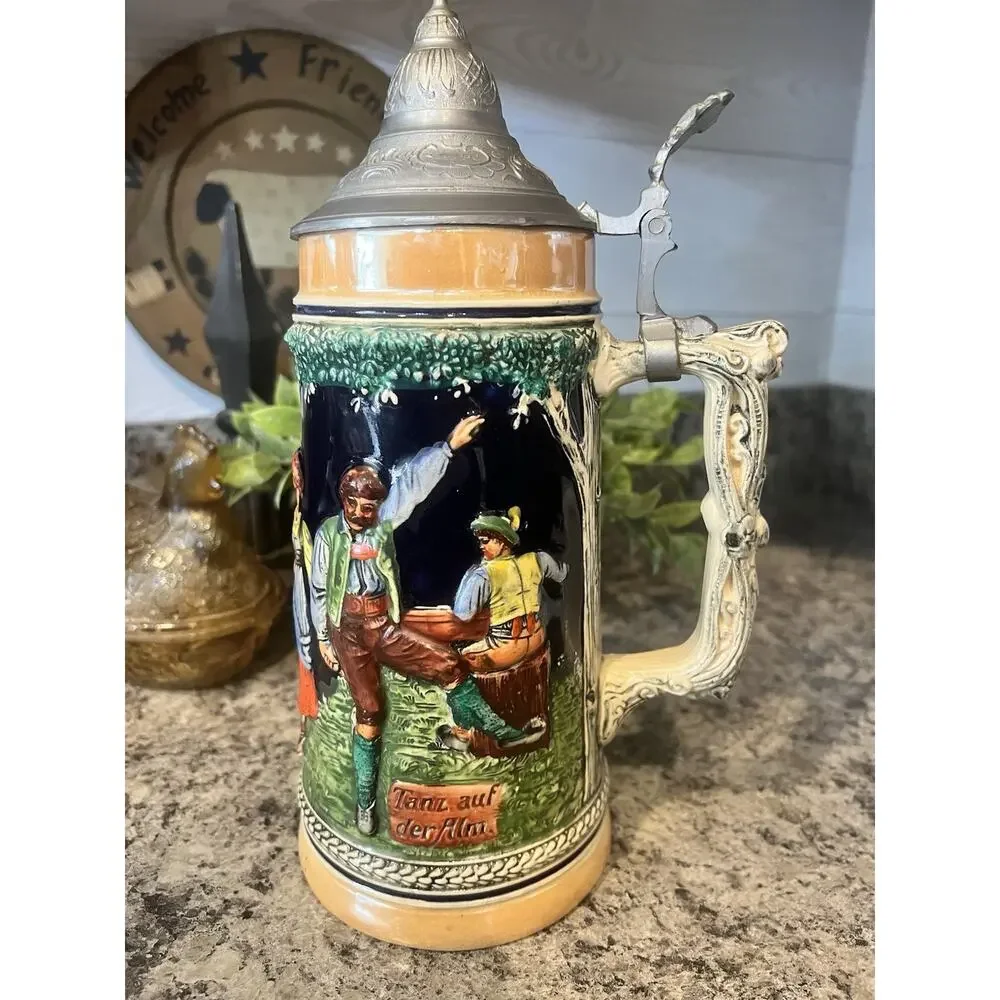 Gerz Dance of the Mountain Tanz Auf Der Alm Lidded Beer Stein 10.5” Hand Painted